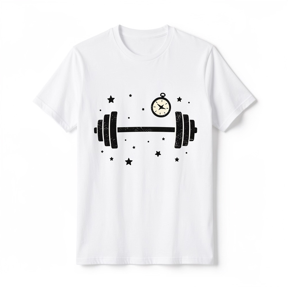 Men's White Graphic Weightlifting Tee with Stopwatch Print